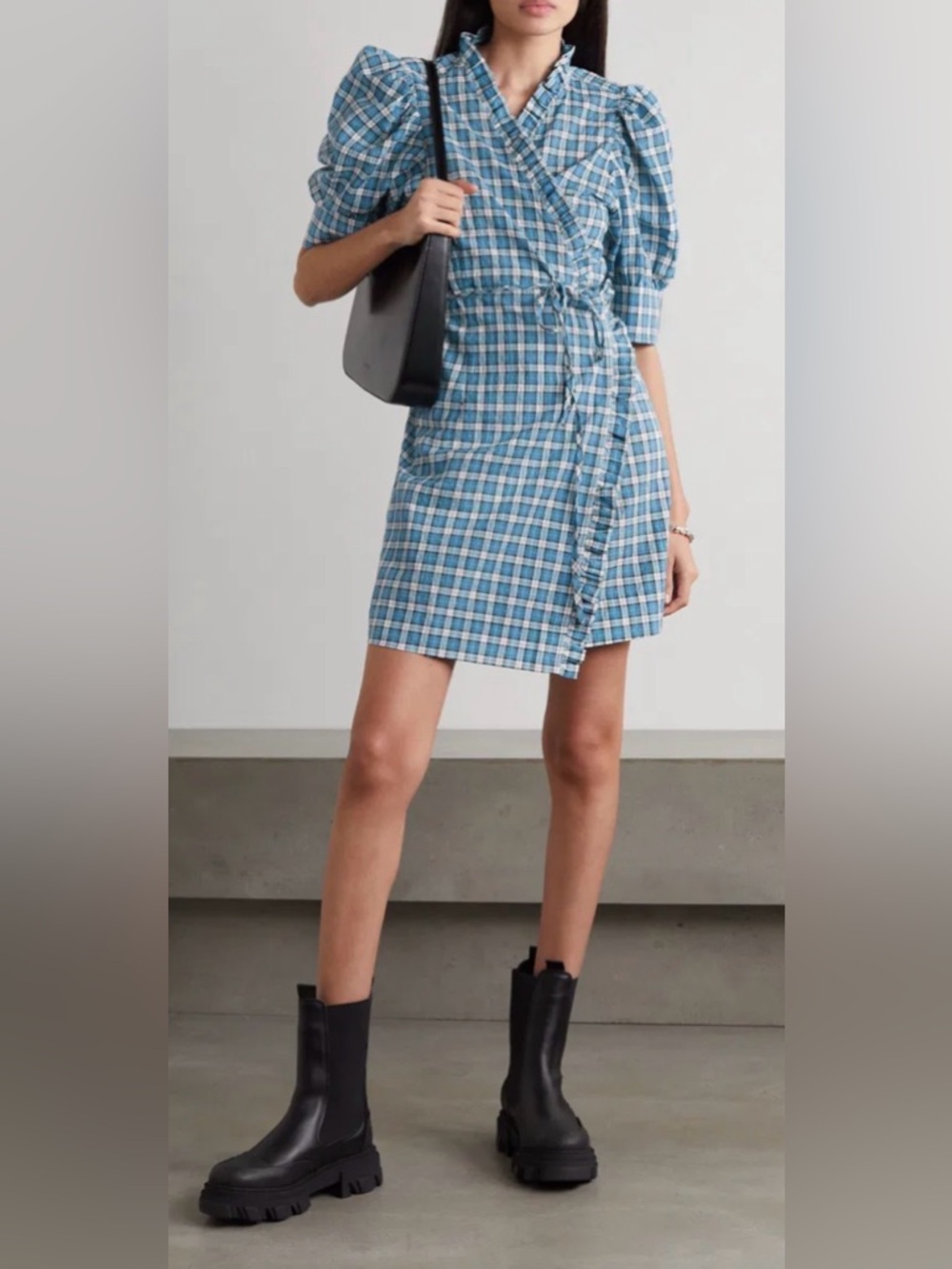 Ganni Seersucker Check Mini Wrap Dress - Check Azure Blue